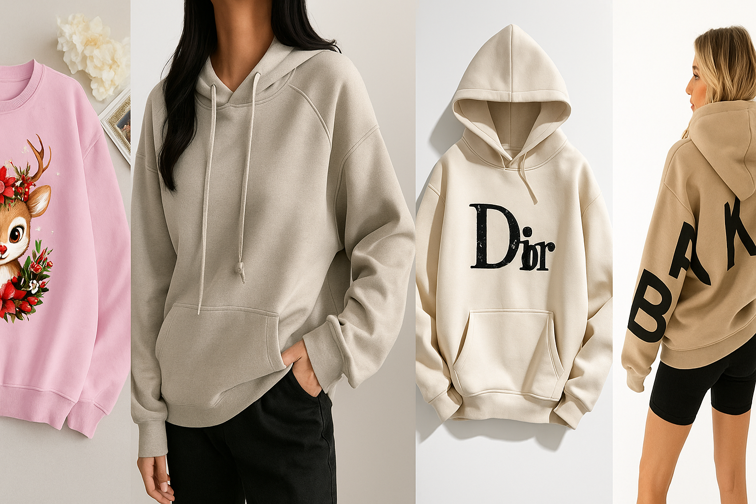 Collection of hoodies with different designs and brands on a neutral background