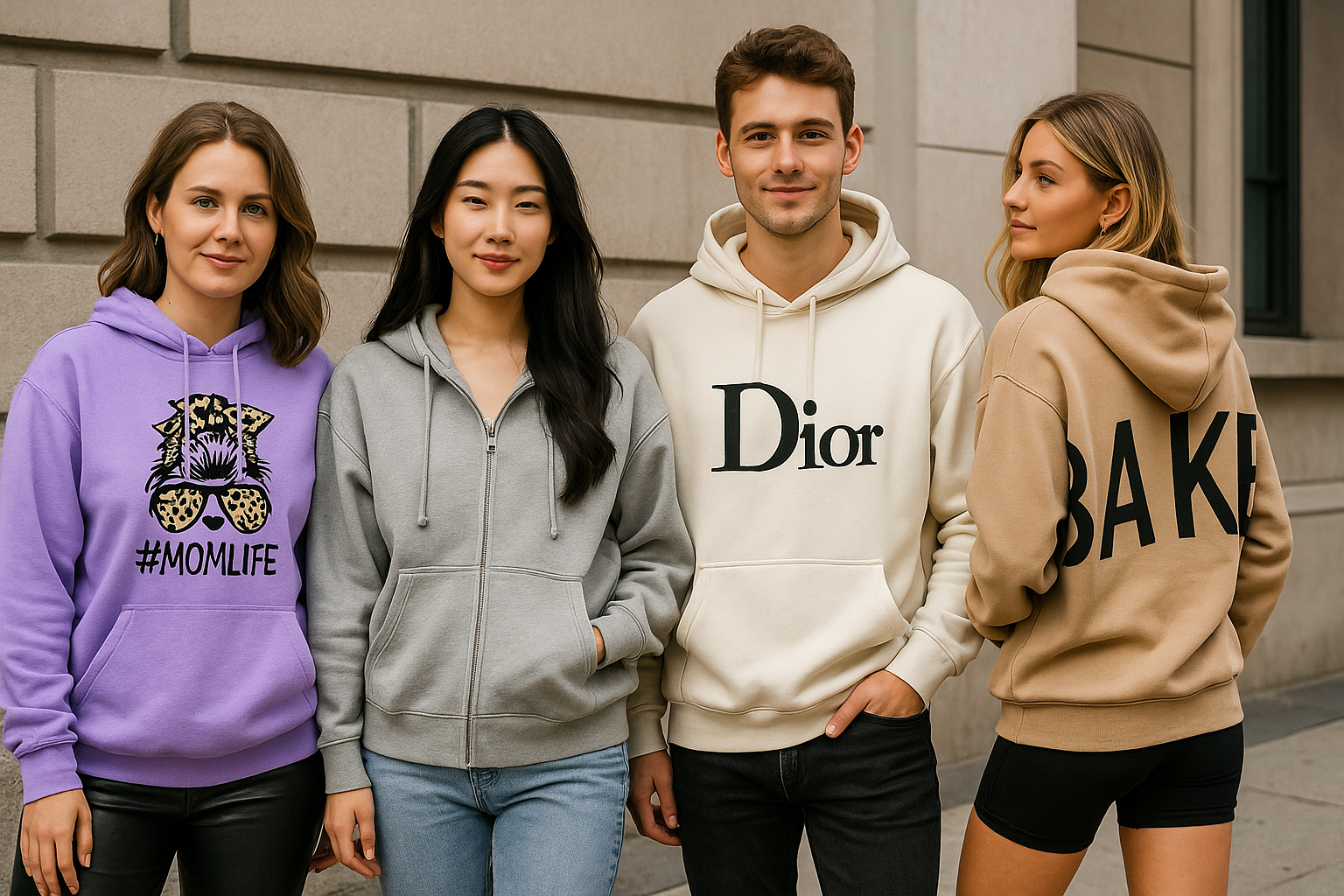 Four people wearing hoodies with various designs and brands.