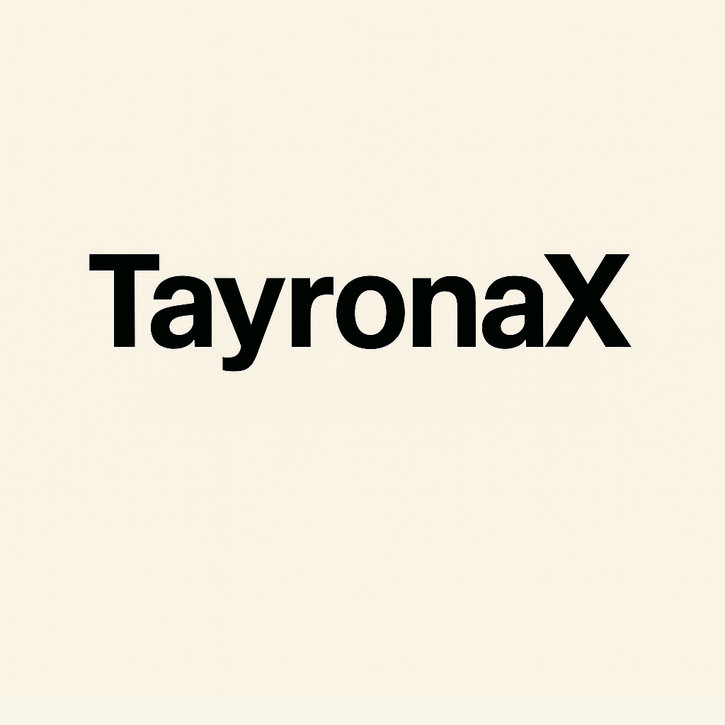 Black text 'TayronaX' on a beige background