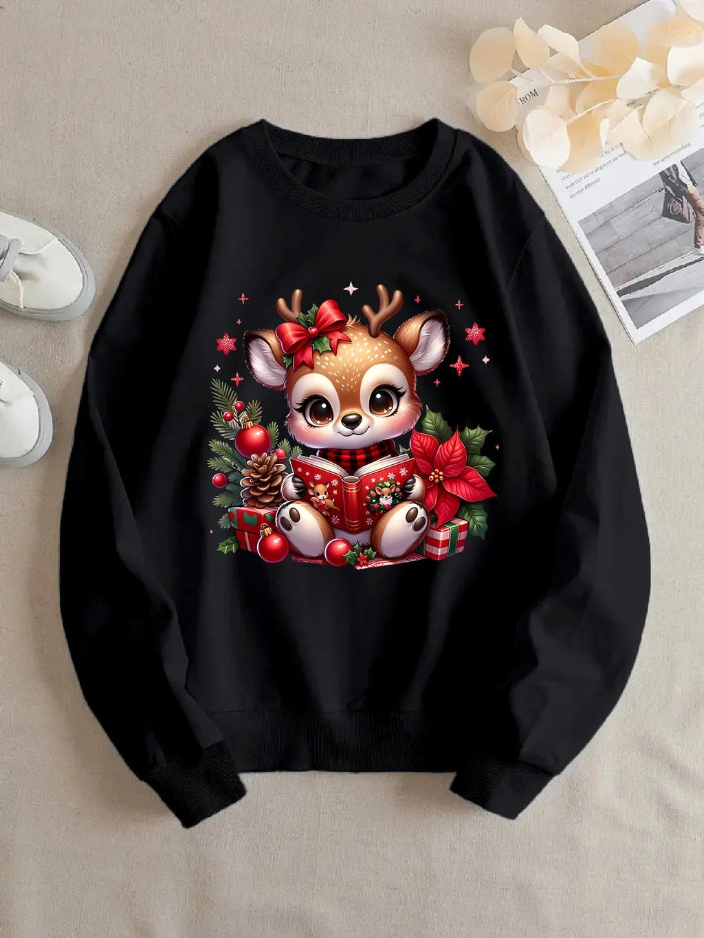 Christmas Reindeer Printed Round - Neck Hoodie (Unisex) - TayronaX