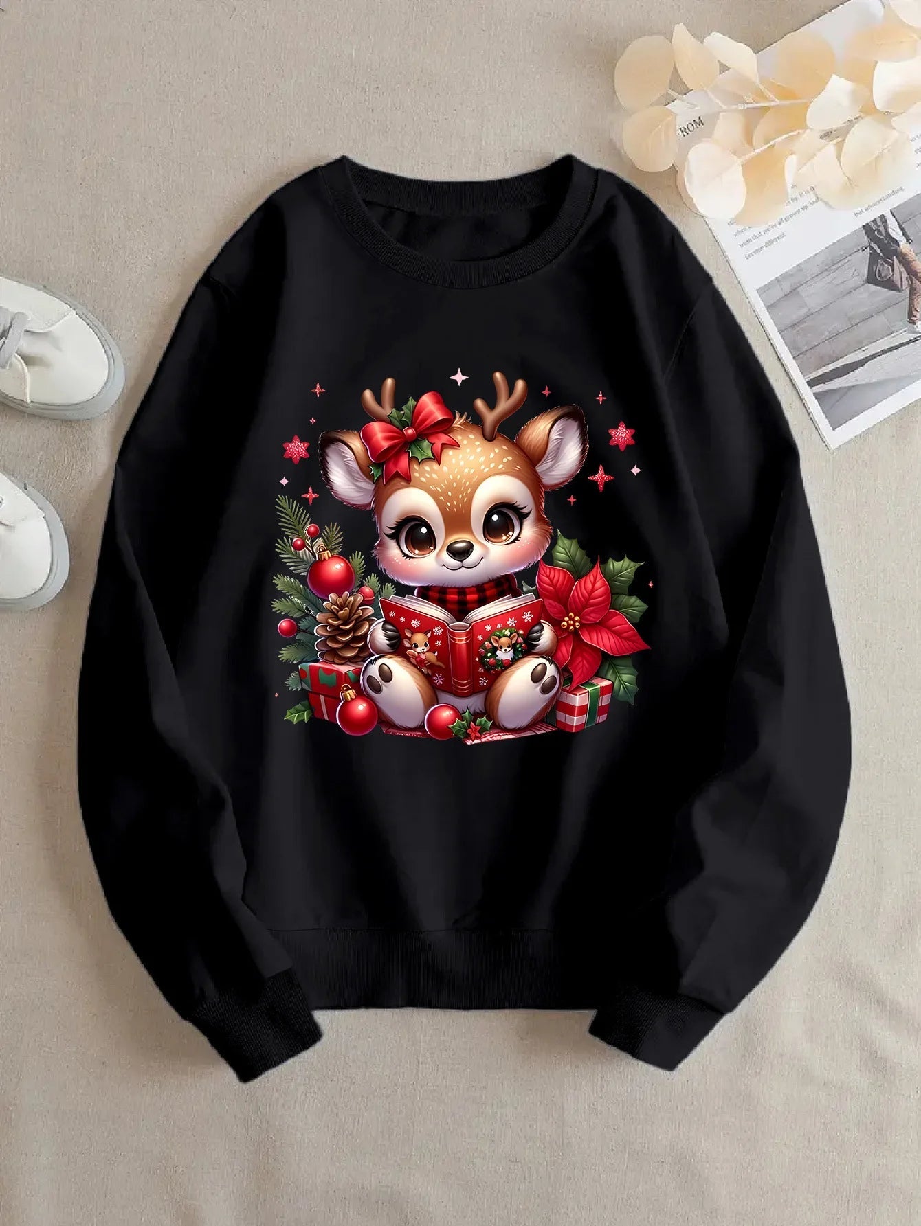 Christmas Reindeer Printed Round - Neck Hoodie (Unisex) - TayronaX
