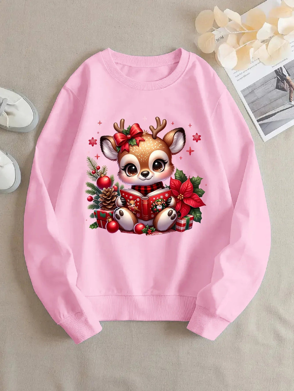 Christmas Reindeer Printed Round - Neck Hoodie (Unisex) - TayronaX
