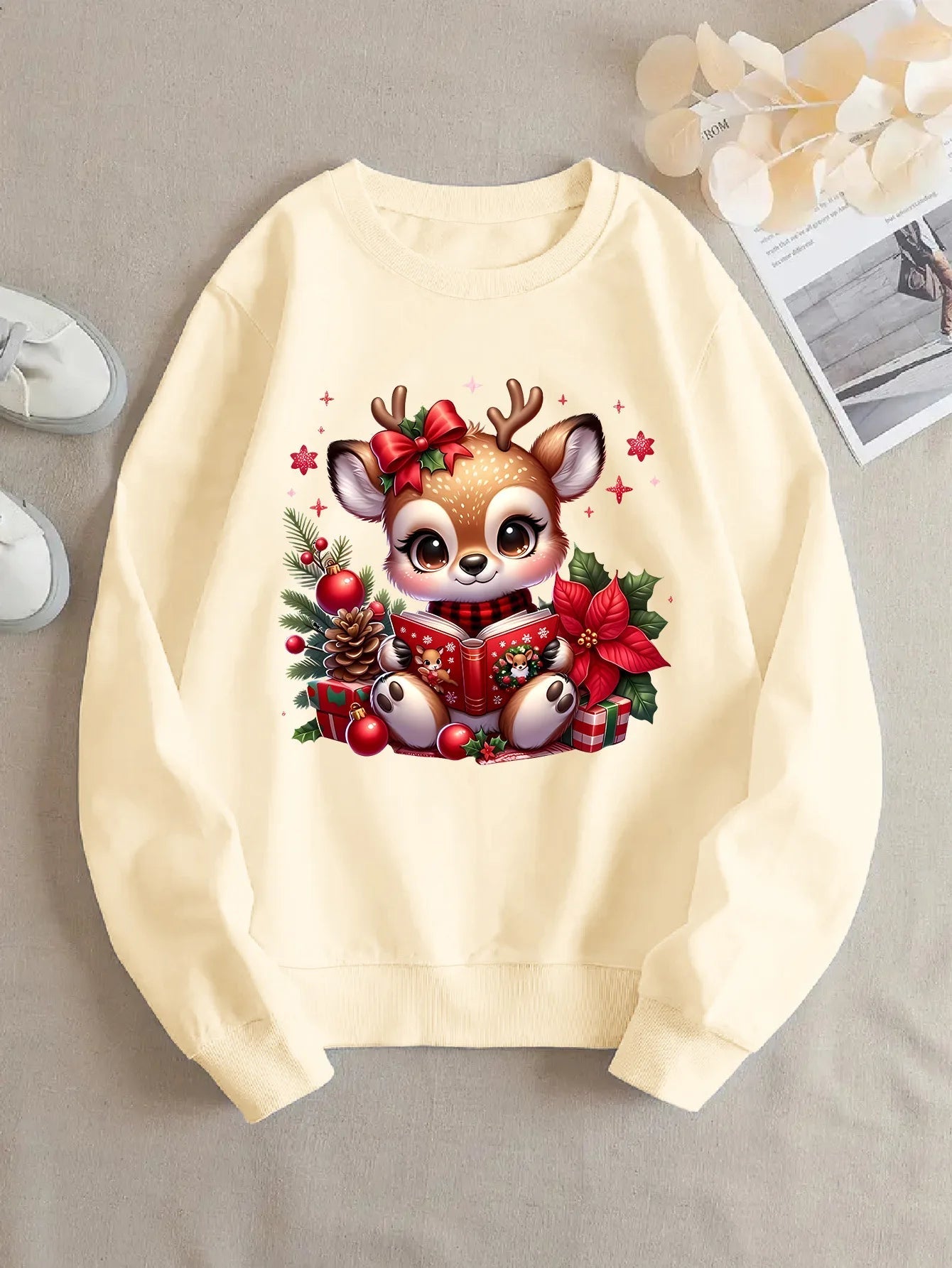 Christmas Reindeer Printed Round - Neck Hoodie (Unisex) - TayronaX