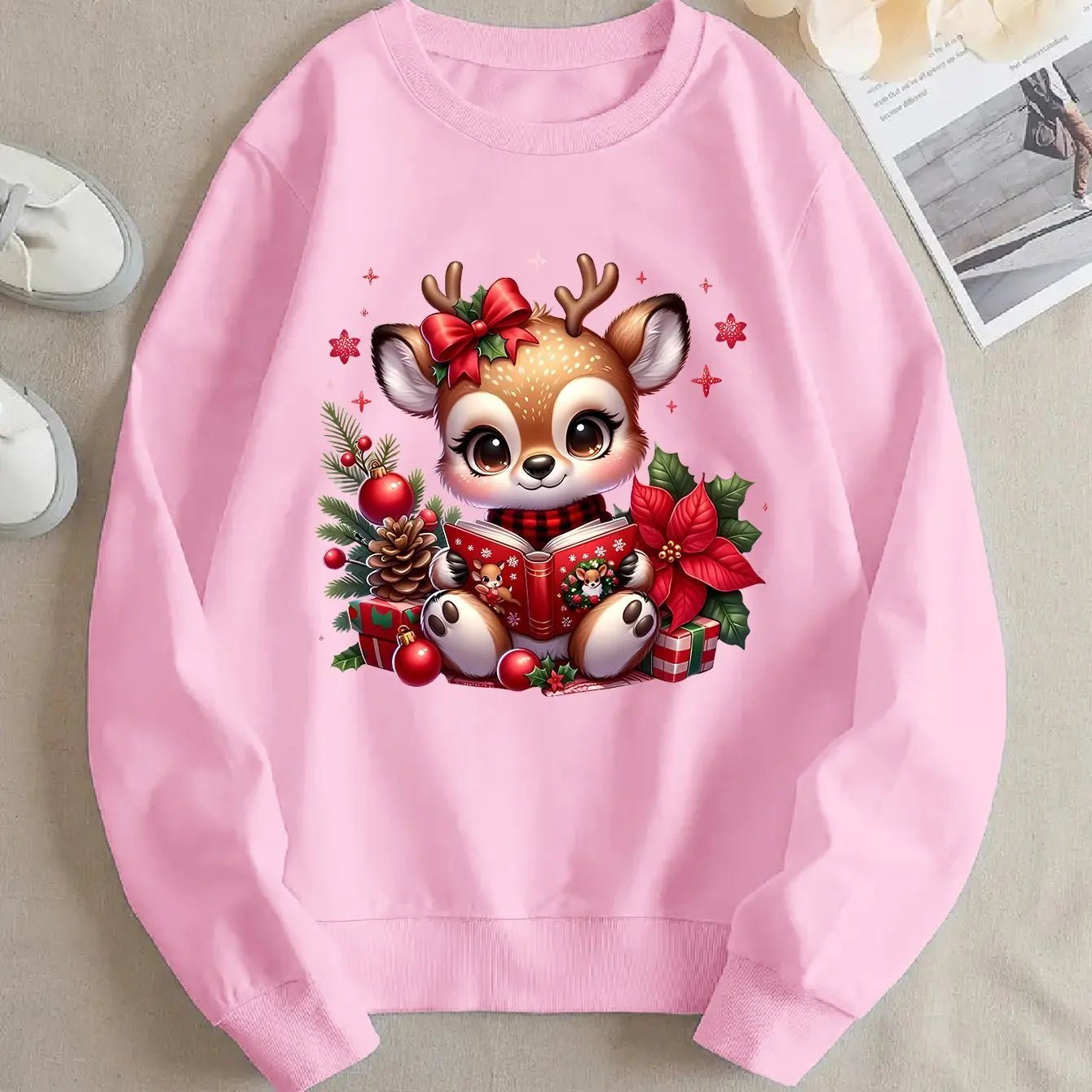 Christmas Reindeer Printed Round - Neck Hoodie (Unisex) - TayronaX