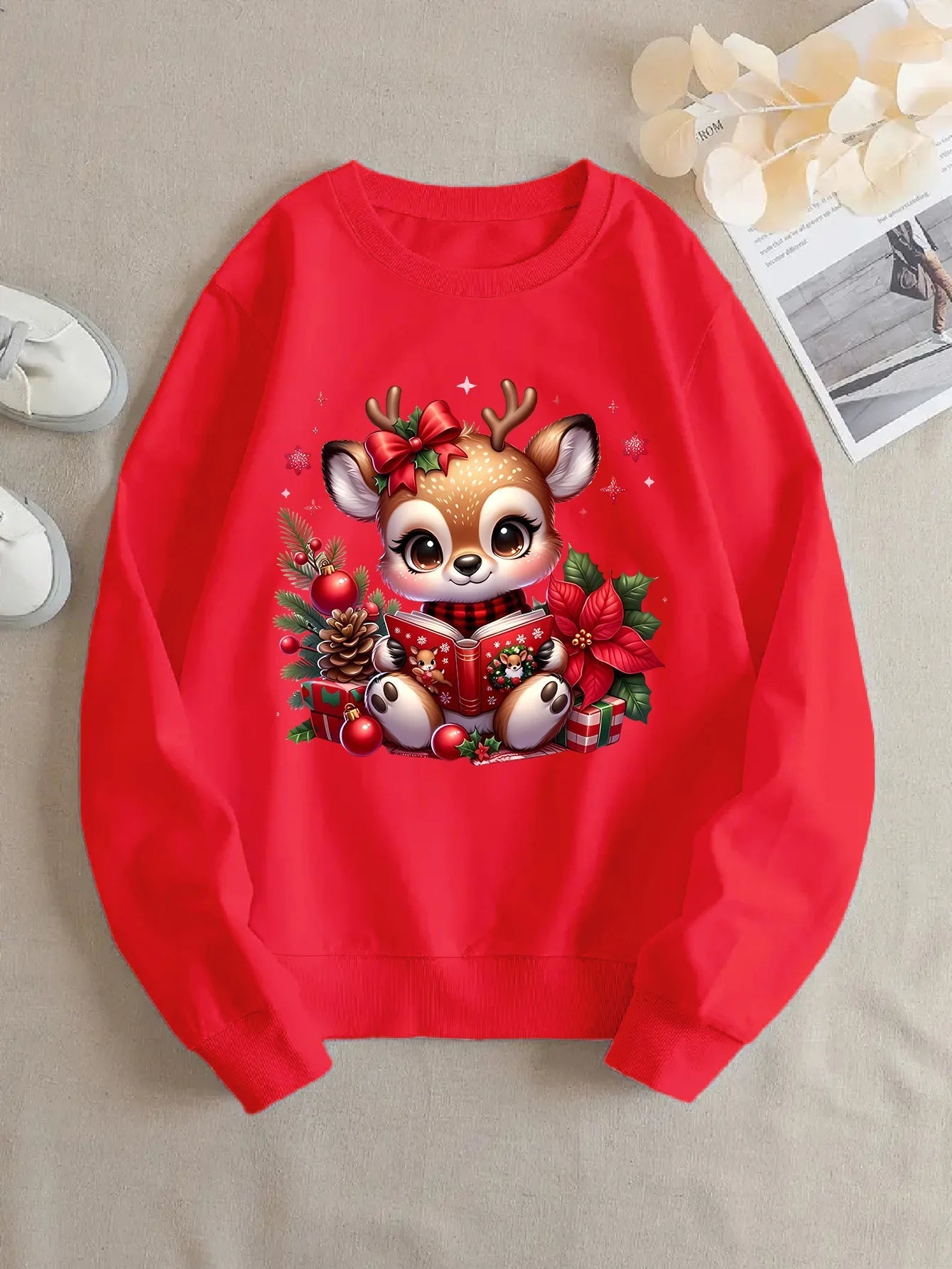 Christmas Reindeer Printed Round - Neck Hoodie (Unisex) - TayronaX