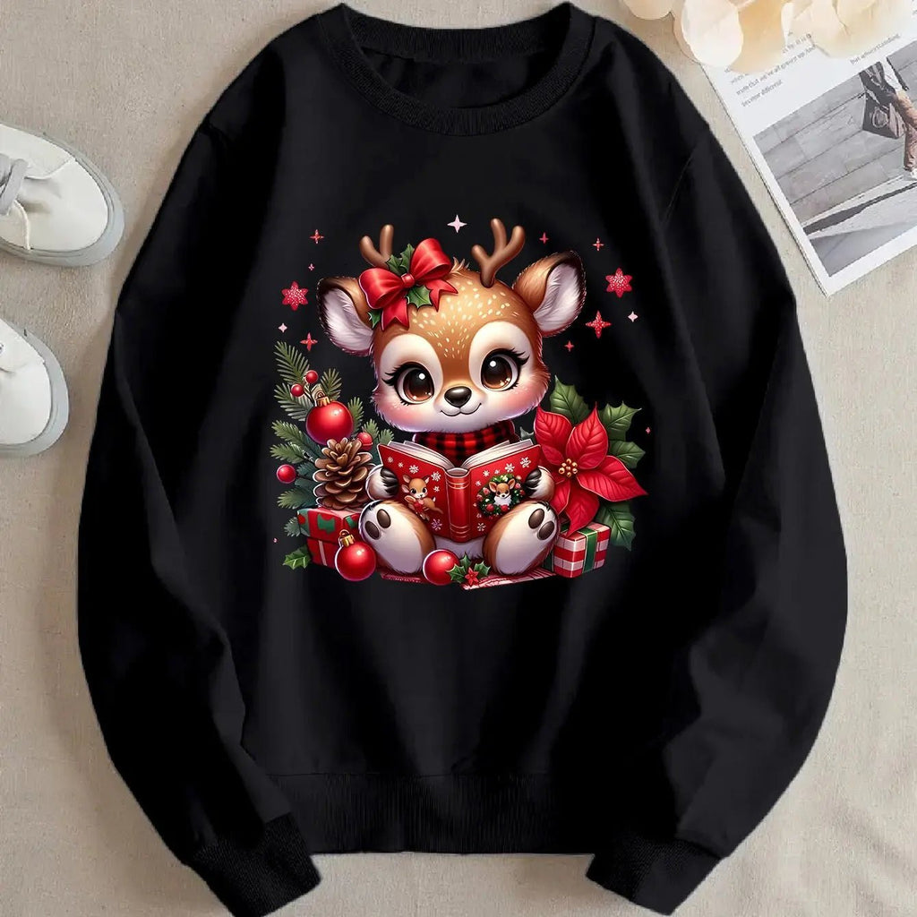Christmas Reindeer Printed Round - Neck Hoodie (Unisex) - TayronaX