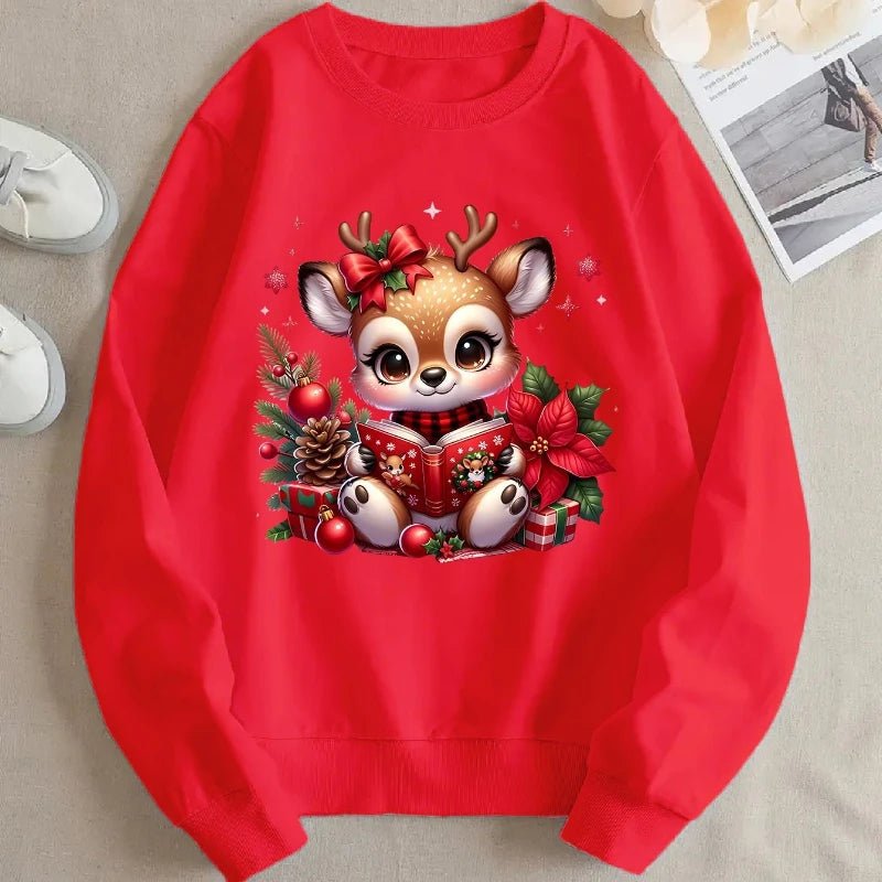 Christmas Reindeer Printed Round - Neck Hoodie (Unisex) - TayronaX
